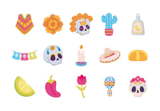 Colorful Dia Muertos Mexican festival Illustrations Set