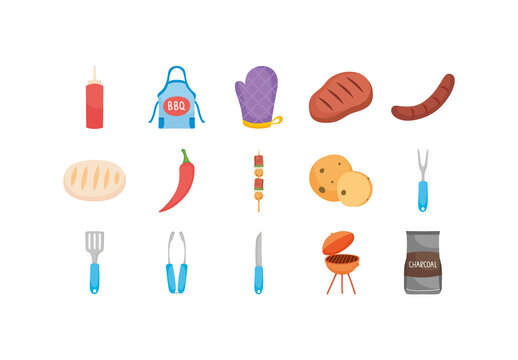 Colorful Flat BBQ Food Tools Illustration Set