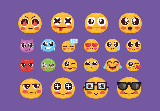 Colorful Emoji Cute Expressions Illustrations Set