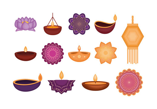 Colorful Diwali Lamp Rangoli Mandala Illustrations Set