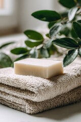 Natural Soap Bar on Towels with Green Plant Decoration.