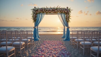 A floral wedding arch stands on a sandy beach during a golden sunset, blue fabric drapes, marriage ceremony venue.