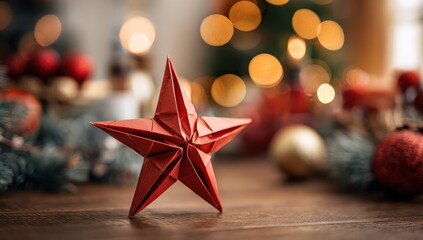 Festive Origami Star Decoration on Wooden Table with Bokeh Lights.