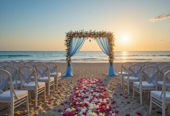 A beautiful wedding ceremony setup is arranged on a sandy beach at sunset, Floral archway detail, Romantic destination celebration.