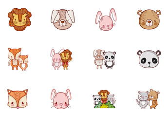 Colorful Kawaii Cute Animal Friends Illustrations Set