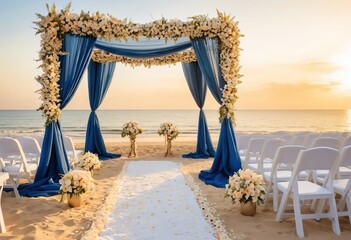 Elegant wedding ceremony setup on a sandy beach at sunset, Blue fabric arch, Luxury destination event.