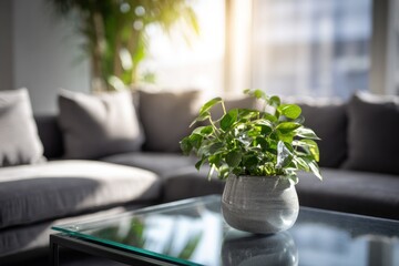 Elegant living room with plant on glass coffee table.