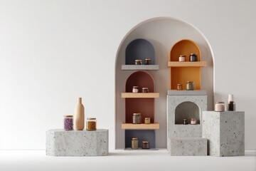 Minimalist Product Display with Arch Shelves and Neutral Tones.