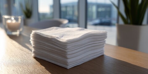 Stack of white napkins on a wooden table near window.