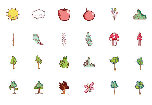 Green Forest Garden Nature Tree Plant Illustrations Set
