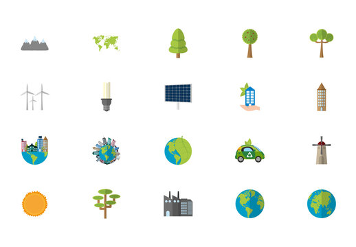 Green Earth Energy Nature Eco Environment Icons Set