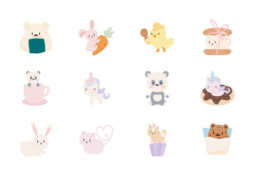 Colorful Kawaii Animals Cute Baby Dessert Illustrations Set