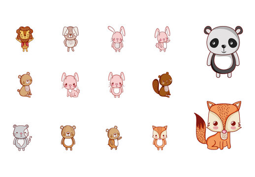 Colorful Kawaii Forest Cute Animals Illustrations Set