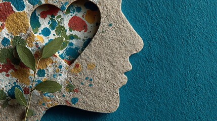 Concrete human head silhouette with heart shaped brain and colorful paint splatters and green leaves on blue background