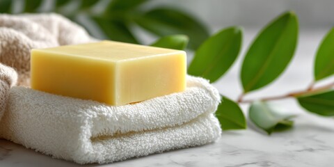 Natural Soap Bar on Towel with Green Leaves for Spa.
