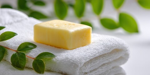 Luxurious Spa Day - Soap on Towel with Green Leaves.