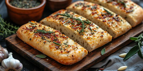 Sliced ​​fresh garlic bread on a chopping board.