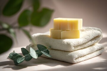 Natural Soap and Towels with Eucalyptus for Spa Day.