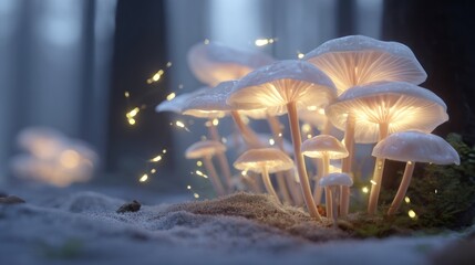 Enchanting Glow - Luminous Mushrooms Illuminate the Forest Floor at Night.