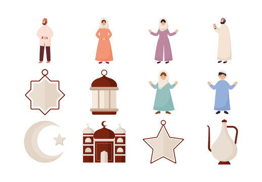 Colorful Muslim Culture Traditions Illustrations Set