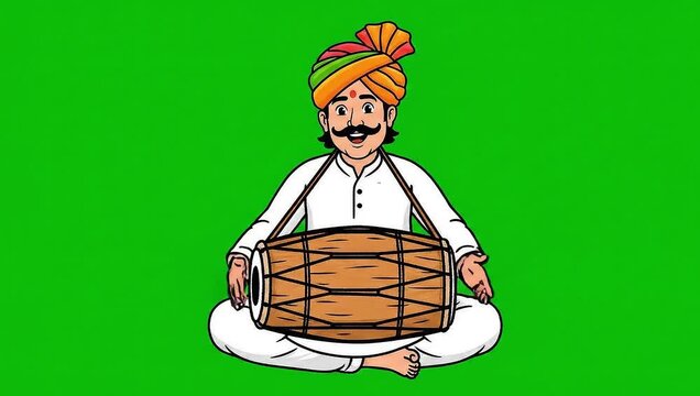 Traditional village drummer beating a large dholak vector animation on green screen