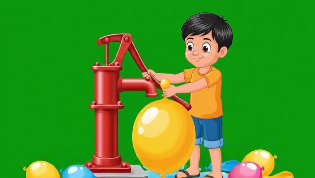 Village boy filling water balloons from hand pump vector animation on green screen