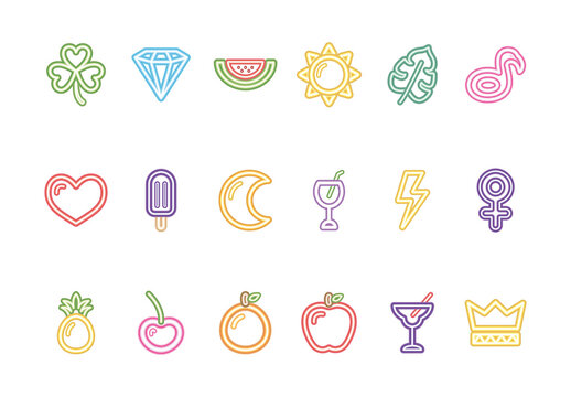 Colorful Neon Outline Elements Icons Set