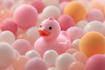 Pink Rubber Duck in a Ball Pit of Pastel Spheres.