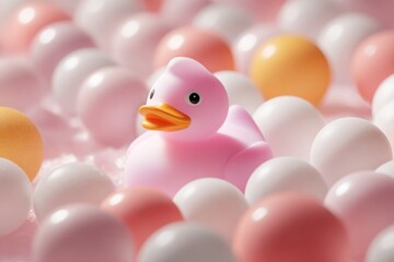Pink rubber ducky surrounded by pastel colored balls.