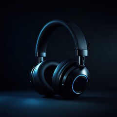 Sleek Black Headphones with Blue Accents on Dark Background.