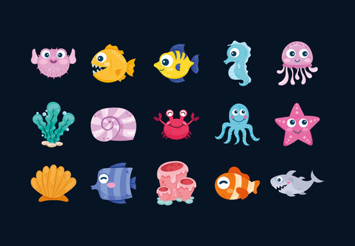 Colorful Sealife Ocean Animals Cute Illustrations Set