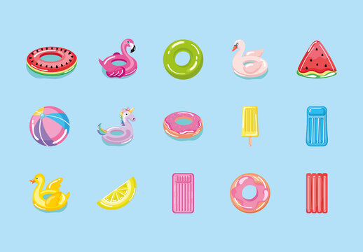 Pool Floats Summer Inflatable Illustrations Set