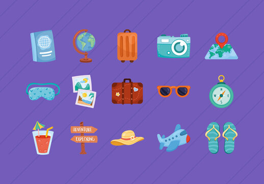 Colorful Travel Vacation Adventure Suitcase Camera Icons Set