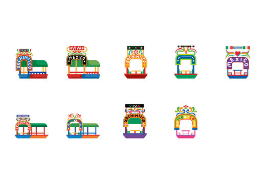 Colorful Xolchimilco Mexican Folk Culture Illustration Set