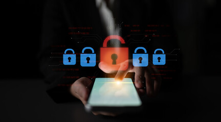 Digital security concept illustrating a cybersecurity breach, with a red unlocked padlock indicating data exposure among secure systems, emphasizing system vulnerability and risk Latch