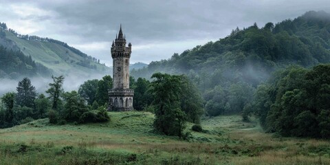 The Wallace Monument stands tall amidst the misty Scottish landscape.