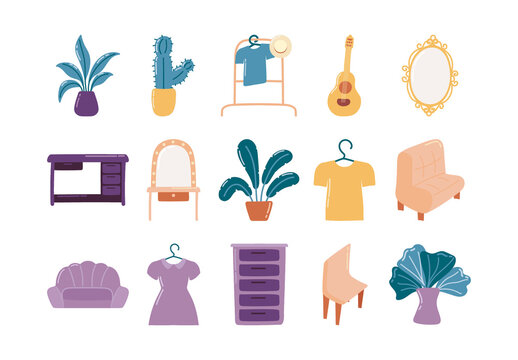Colorful Flea Market Vintage Furniture Home Icons Set