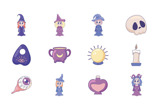 Colorful Cute Witch Magic Halloween Illustrations Set