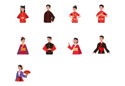Red Chinese People Characters Illustration Set
