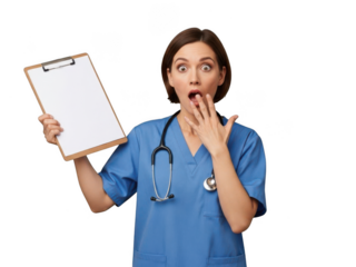 Surprised nurse holding clipboard isolated on transparent background
