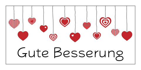 Gute Besserung - Schriftzug in deutscher Sprache. Genesungskarte mit roten Herzen.