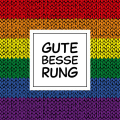 Gute Besserung - Schriftzug in deutscher Sprache. Genesungskarte mit Strick-Hintergrund in Regenbogenfarben.