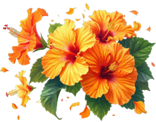 Vibrant bouquet of large, open orange blossoms with dark red centers, green leaves and falling petals