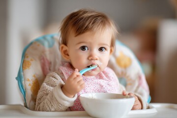 Baby enjoys mealtime in high chair, being fed with a spoon, showing curiosity and delight in a cozy kitchen setting filled with soft light