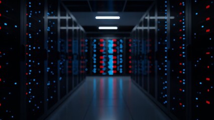Abstract server room with glowing blue and red lights in a modern data center