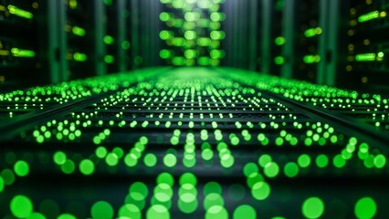 Abstract view of illuminated server racks in a modern data center with bokeh effect