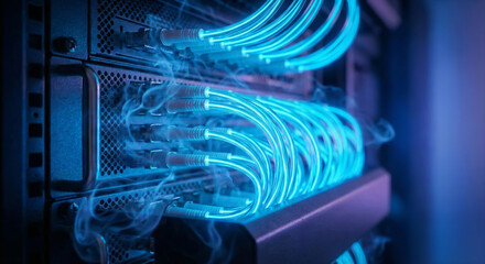 Cables glow blue in a data center. The setup shows network equipment.