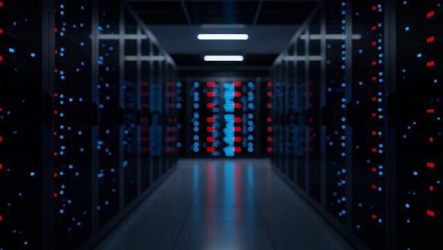 Abstract server room with glowing blue and red lights in a modern data center - Powered by Adobe
