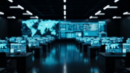 Futuristic Control Room with Glowing Screens and World Map for Global Data Monitoring