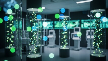 Futuristic laboratory with glowing DNA helix displays and advanced medical equipment